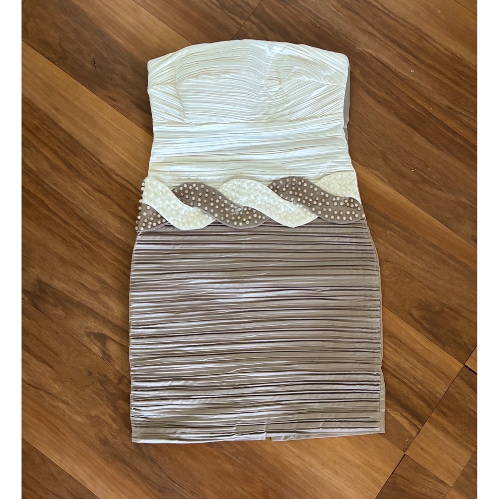 Club Frendy Strapless Pearl Embellished Pleated Mini Dress Taupe White NWT Small